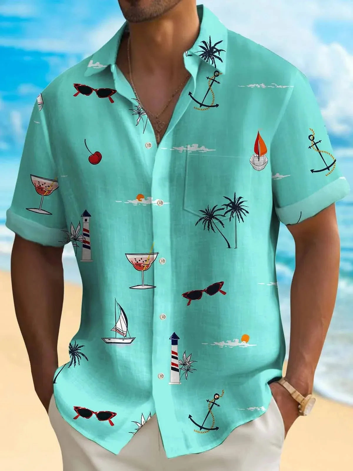 Men's loose fit Hawaiian shirt with digital printing pattern in polyester fabric showing short sleeve design