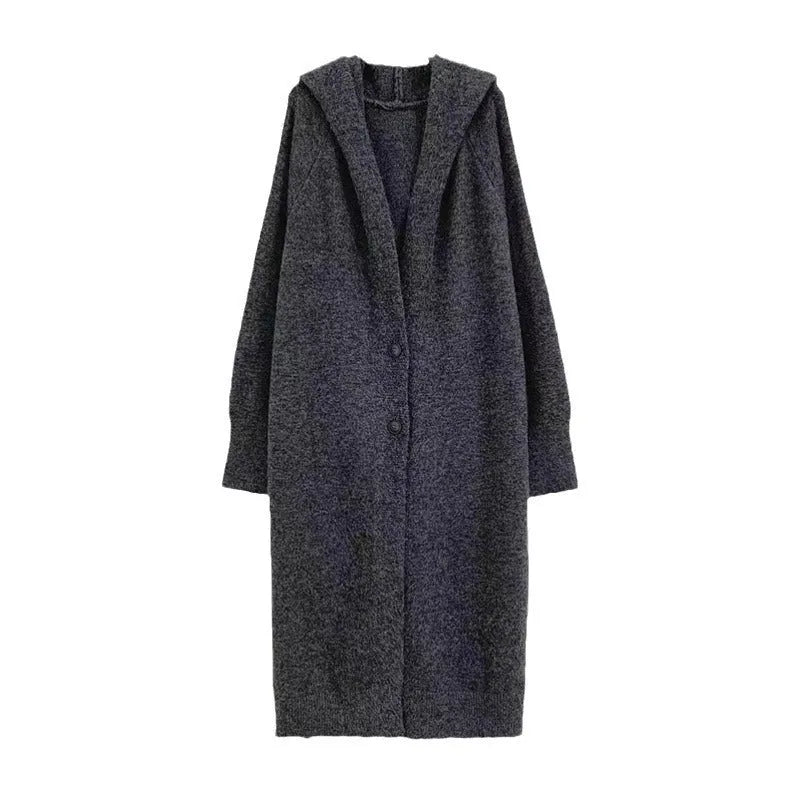 Women's long hooded knitted cardigan in loose fit, shown in oatmeal colour.