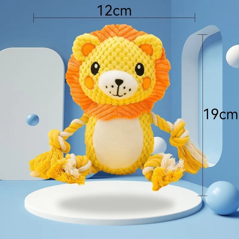 Plush squeaky dog toys showing lion and monkey designs for medium to large dogs