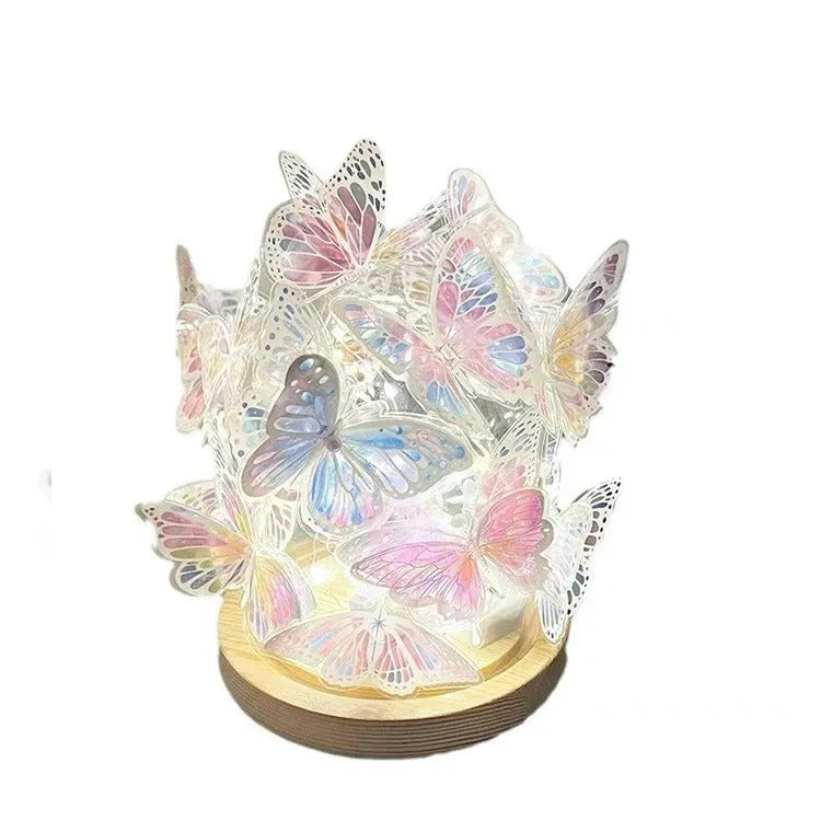 Butterfly night lamp with glass shade on raw wood base for bedside bedroom lighting