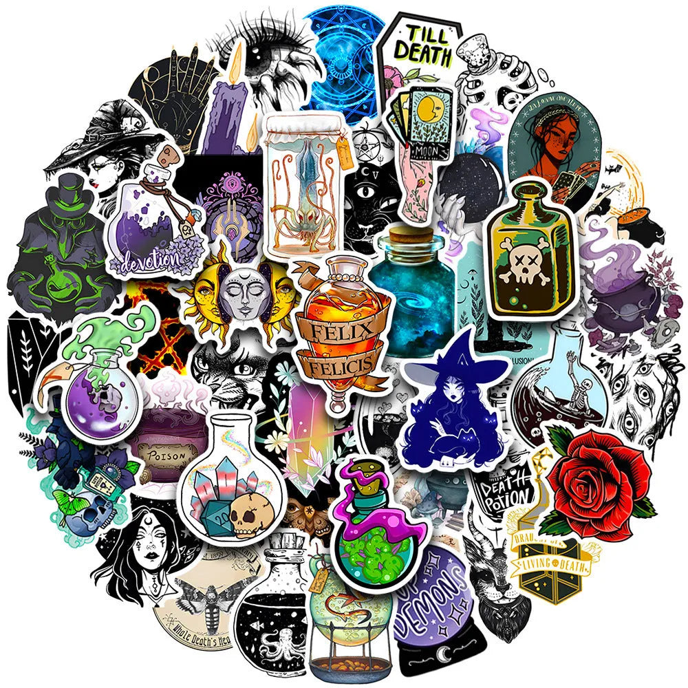 Pack of 50 waterproof PVC stickers with glossy finish for laptops and smooth surfaces.