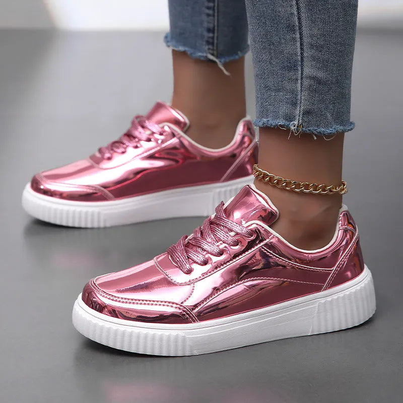 Rose gold sequin platform sneakers with round toe and 3-5cm wedge heel