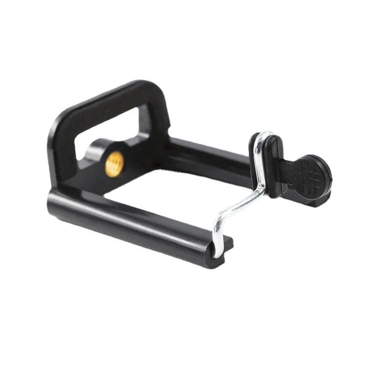 Black plastic U clip mobile phone holder for mounting smartphones on pipes and bars.