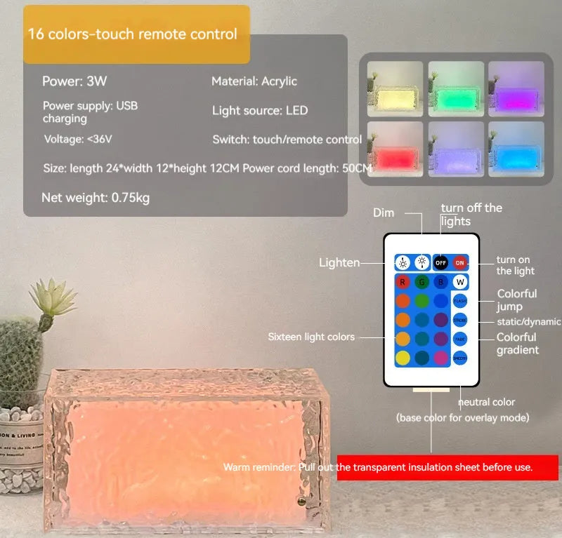 Geometric clear acrylic night light with remote control on a table.