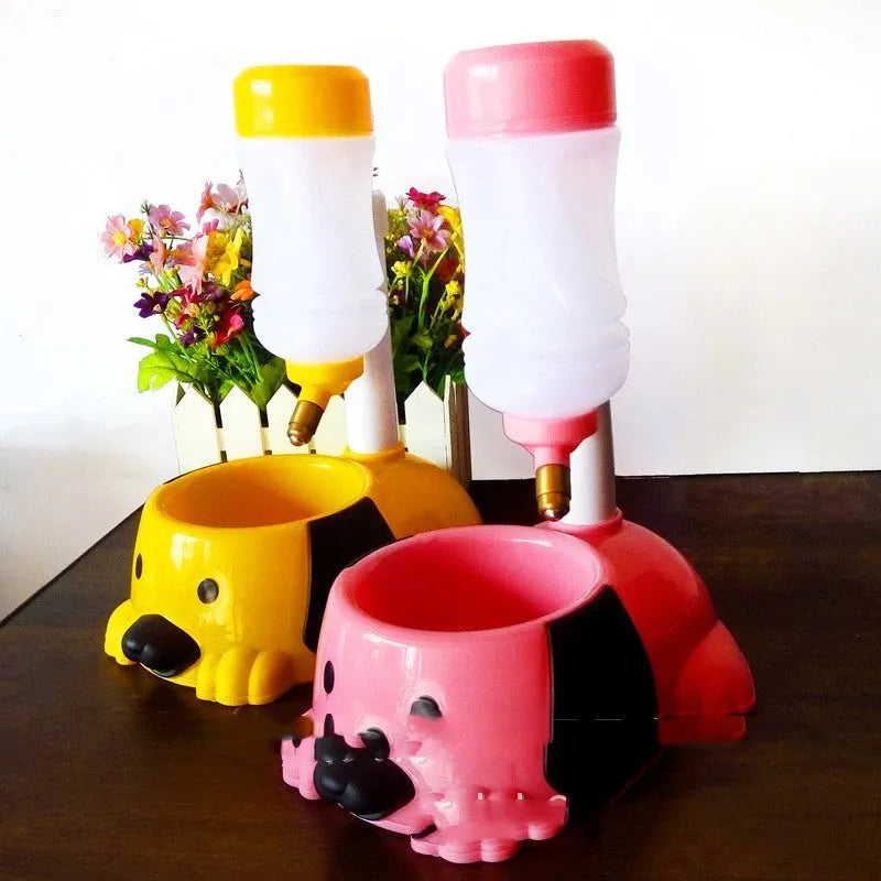 Adjustable pet drinking bowl with rod lift mechanism in blue, pink or yellow colour