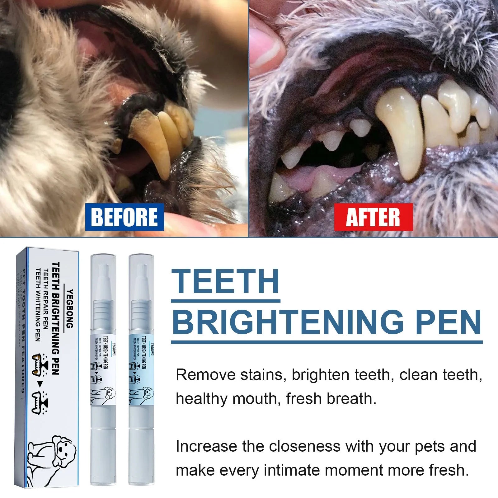 Yegbong pet teeth whitening pen with dental brush applicator for dogs and cats.