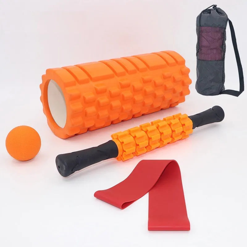 Black six-piece foam roller with gear bar massage design, 33cm length