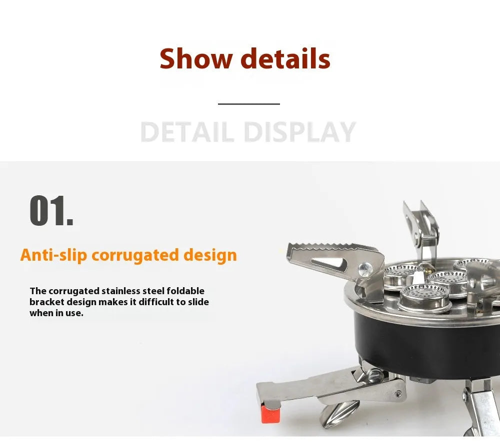 Silver portable split stove for outdoor camping, shown with a foldable design and hose.