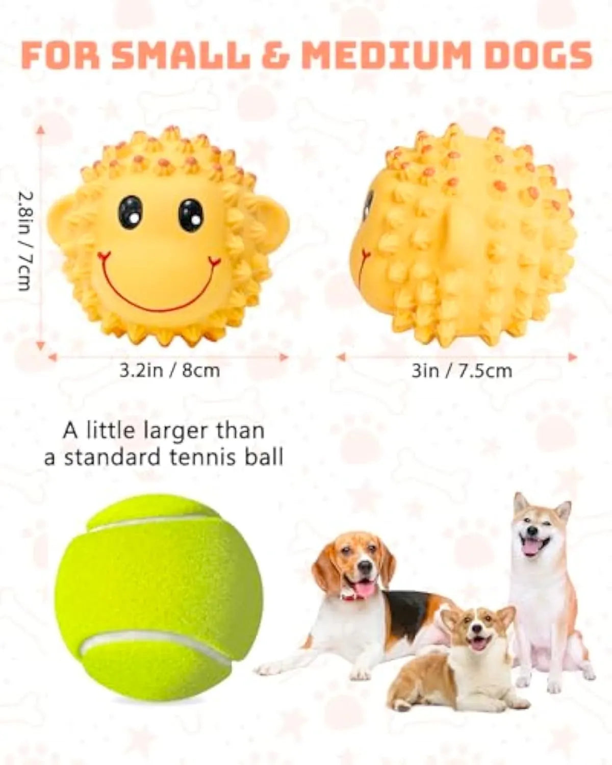 Orange and yellow spiky natural latex squeaky dog toy ball for small and medium breeds