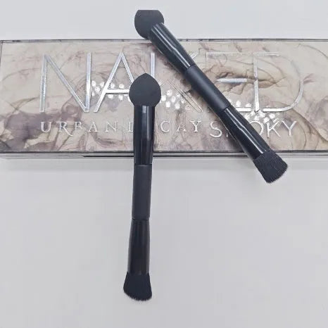 Double-headed miter sponge concealer brush with wooden handle and black artificial fibers