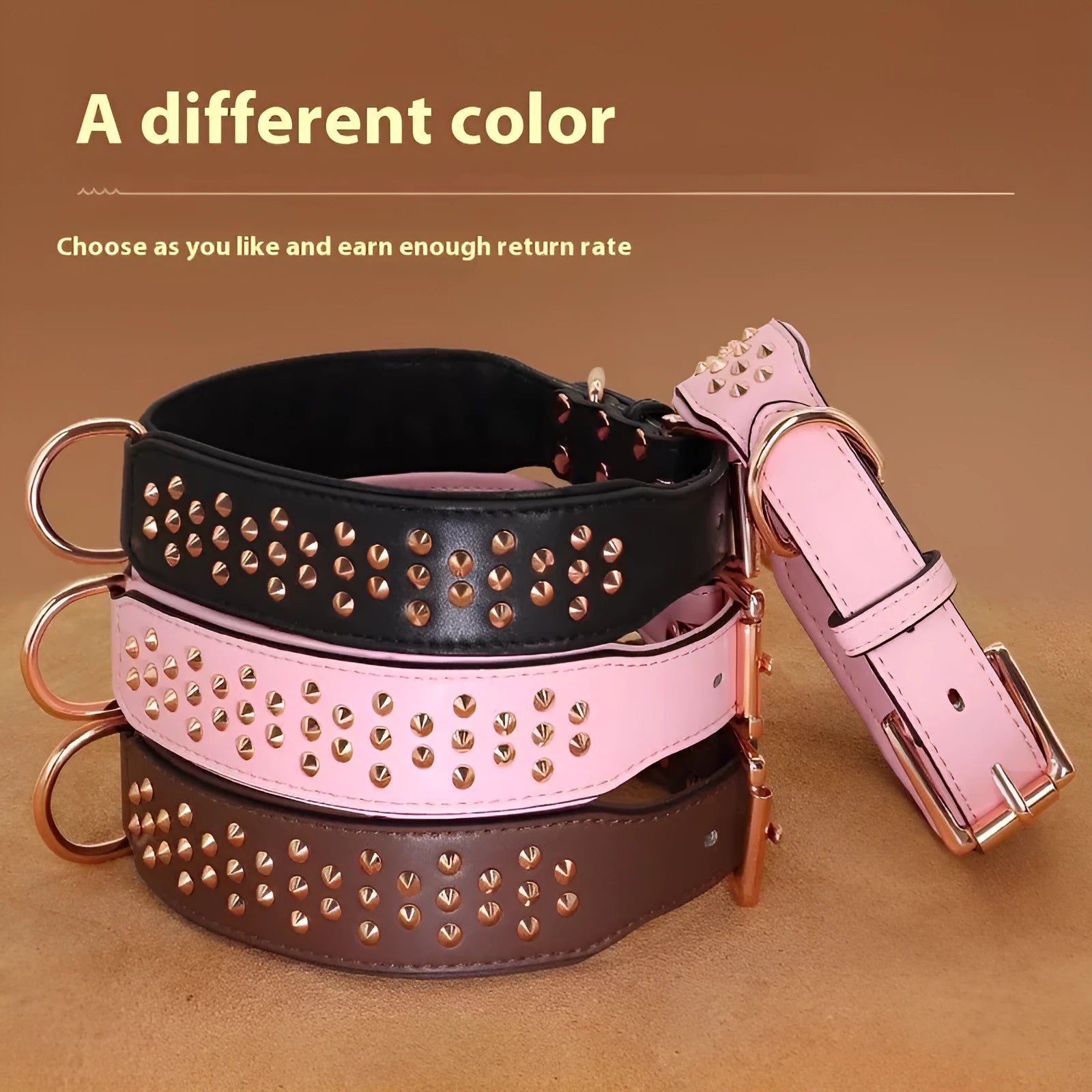 Leather dog collar with metal rivets in chocolate colour, shown alongside pink and black options.