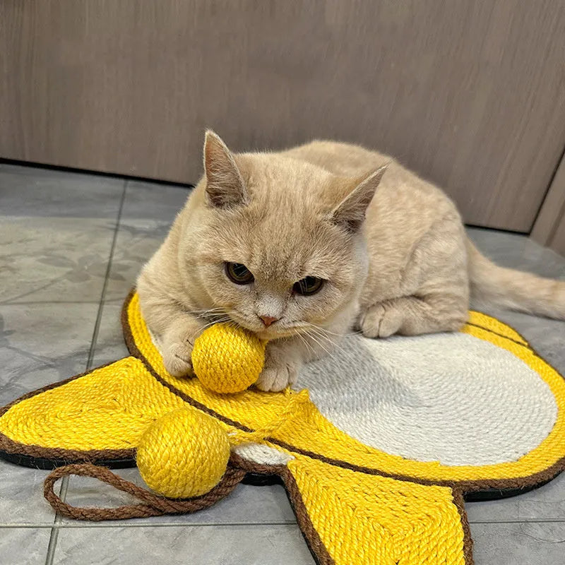 Yellow corgi butt design cat scratching pad made from natural sisal with anti-slip base