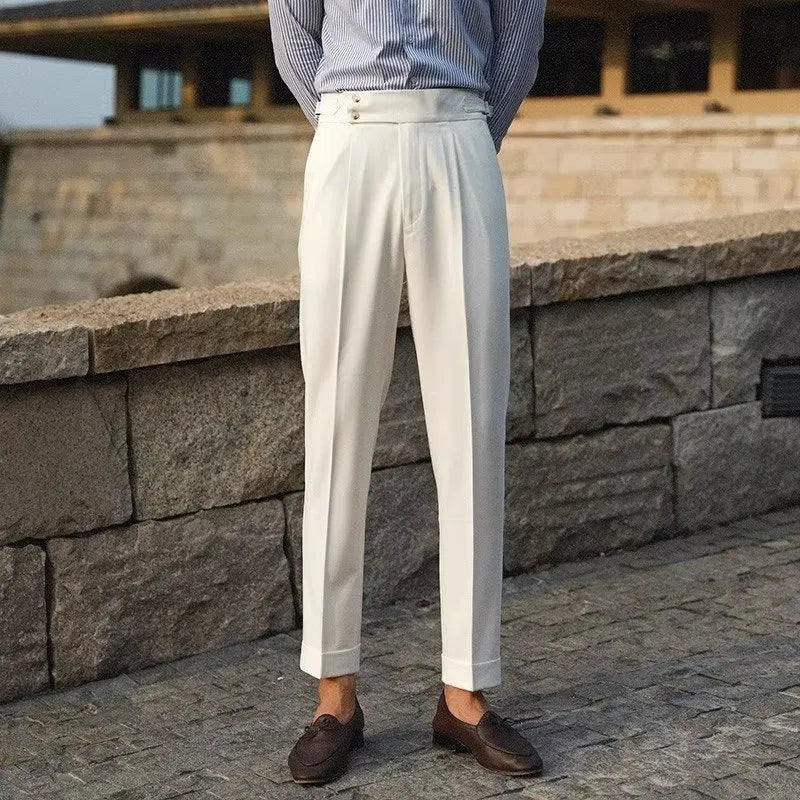 Men's slim fit straight leg formal trousers in black, white or apricot colours