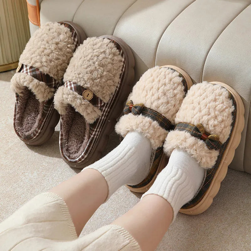 Women's winter plush slippers with bow button, non-slip thick sole, in brown colour
