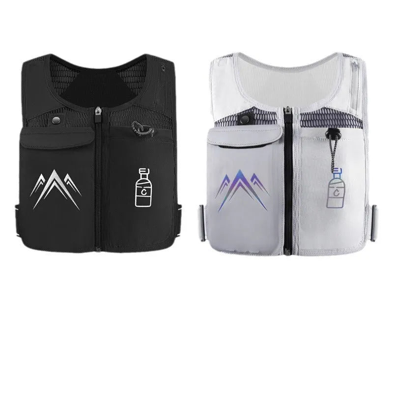 Breathable mesh running vest in grey with integrated front phone pocket for outdoor sports.