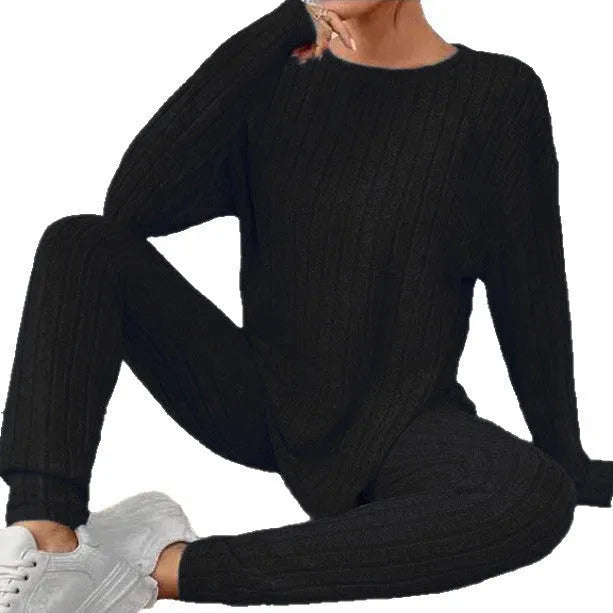 Sunken stripe two-piece homewear set in black or blue colour with trousers and regular sleeve top