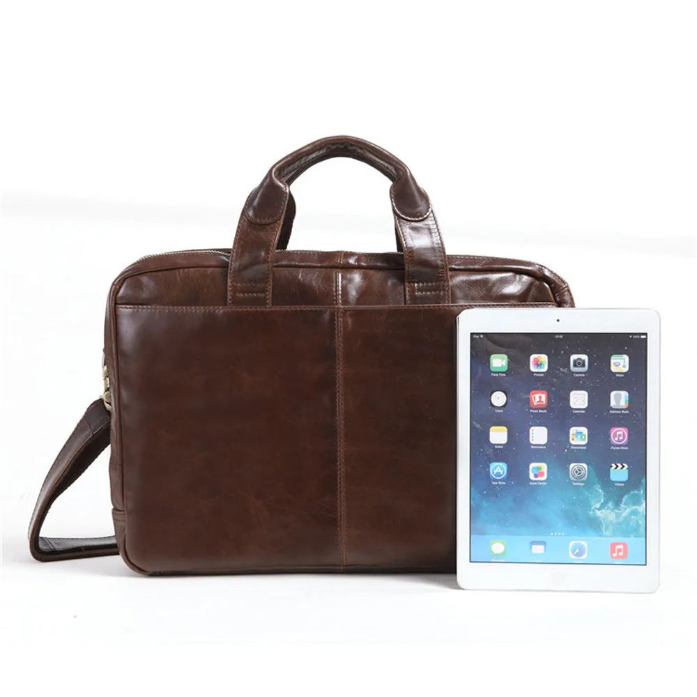 Brown cowhide leather business briefcase with 18-inch laptop compartment