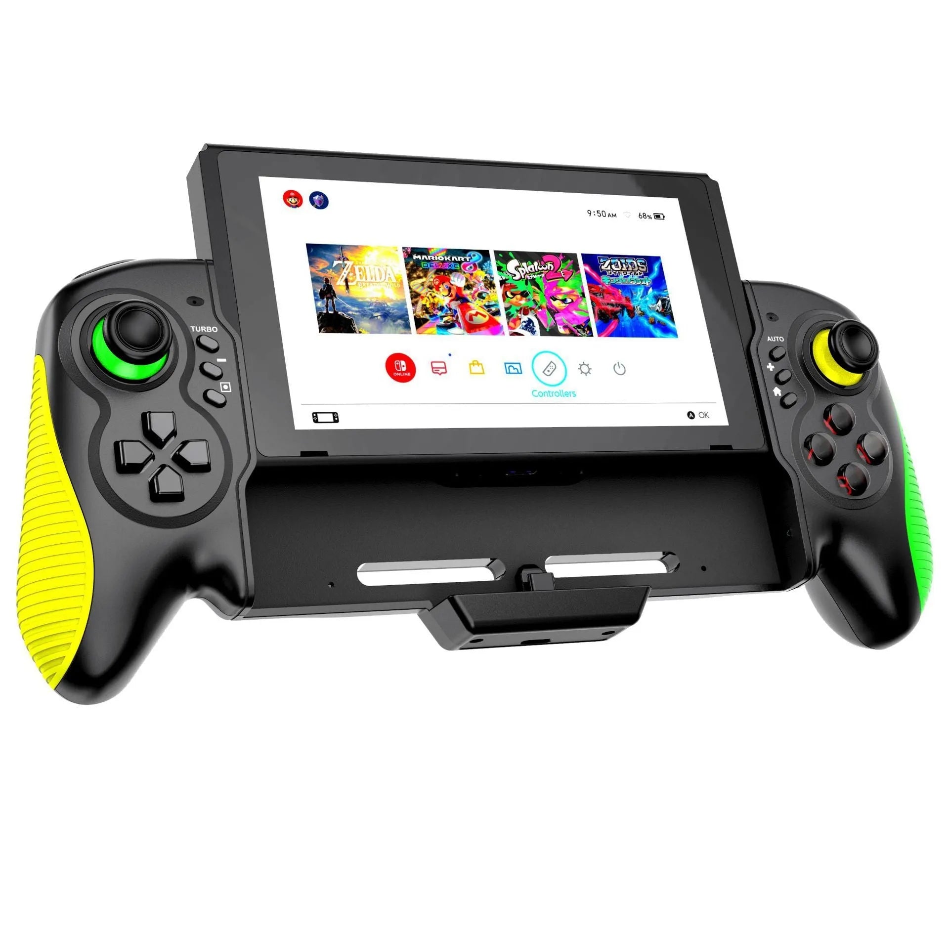 Yellow-green game controller with in-line handle design for Switch and PC gaming with vibration feedback