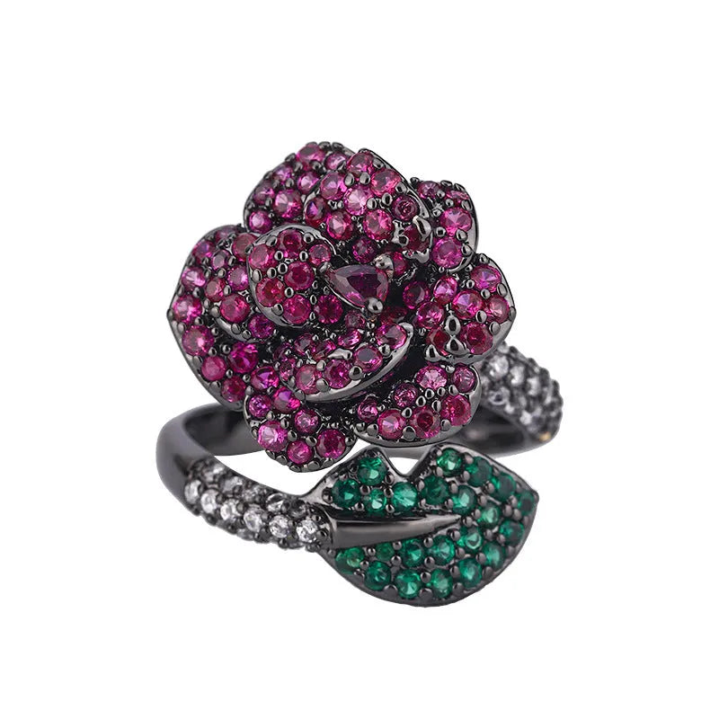 Black gold geometric floral women's ring with simulated red corundum stones