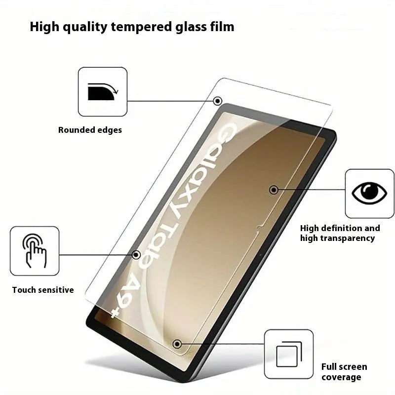 Samsung Galaxy tablet with a clear tempered glass screen protector applied, showing anti-fingerprint properties.