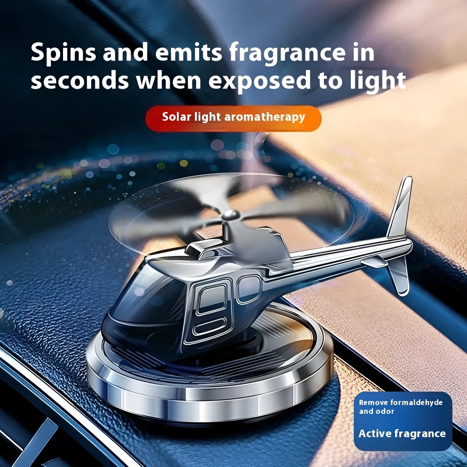 Silver metal solar helicopter car perfume ornament with rotating blades on dashboard