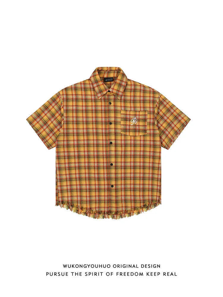 Yellow grid plaid short sleeve shirt with embroidered chest pocket, loose fit casual button-up style