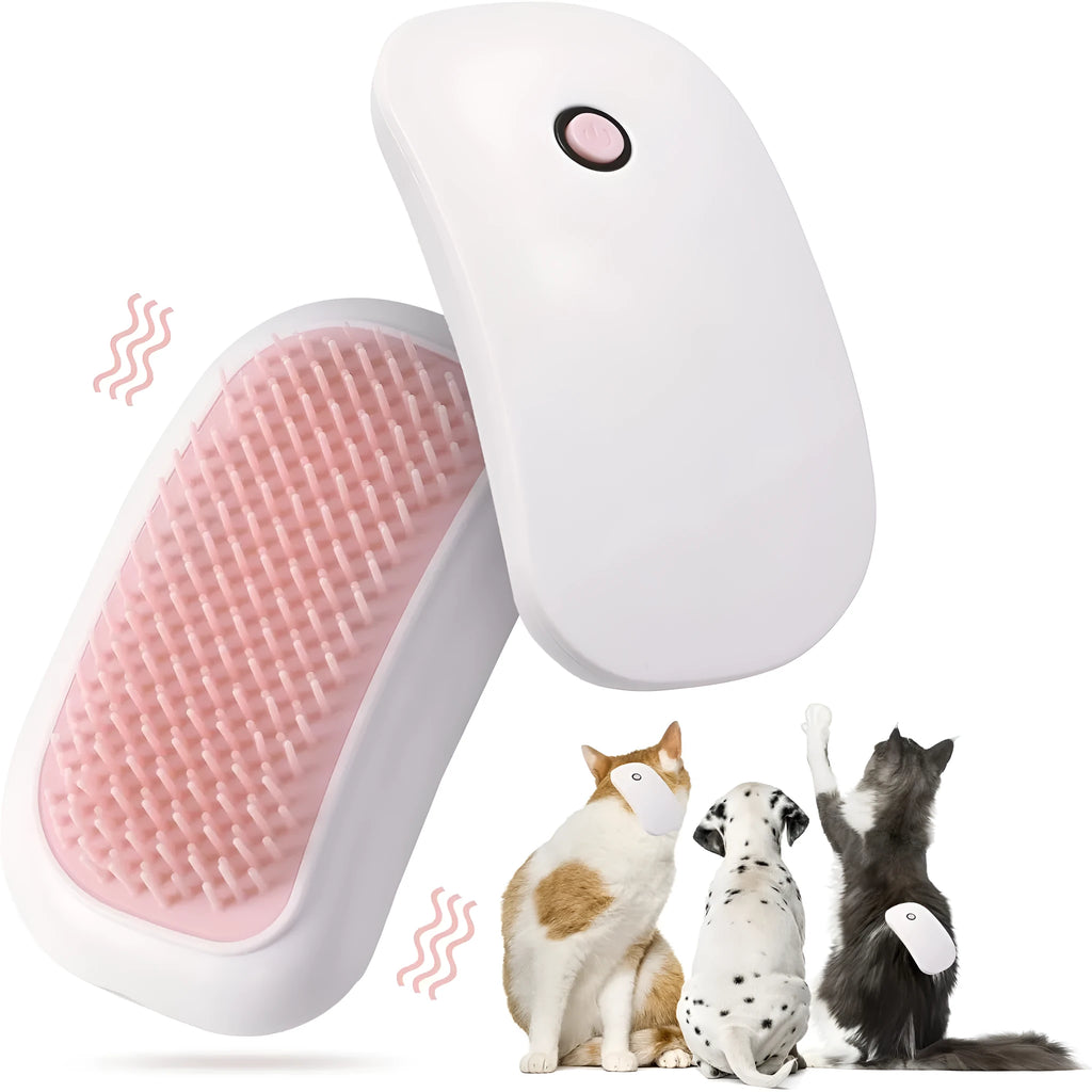 Pink handheld electric pet grooming brush with TPE comb teeth on a white background