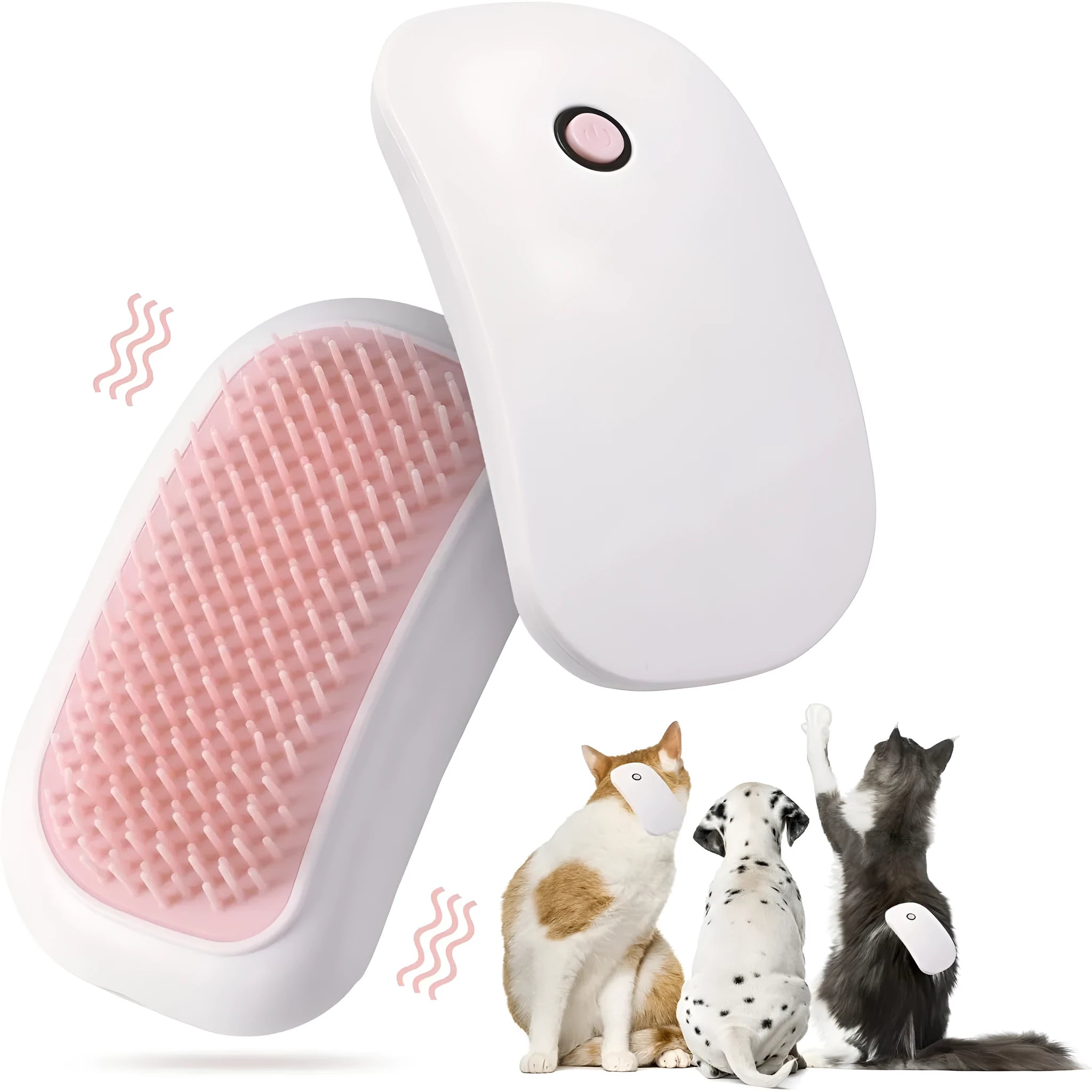 Pink handheld electric pet grooming brush with TPE comb teeth on a white background