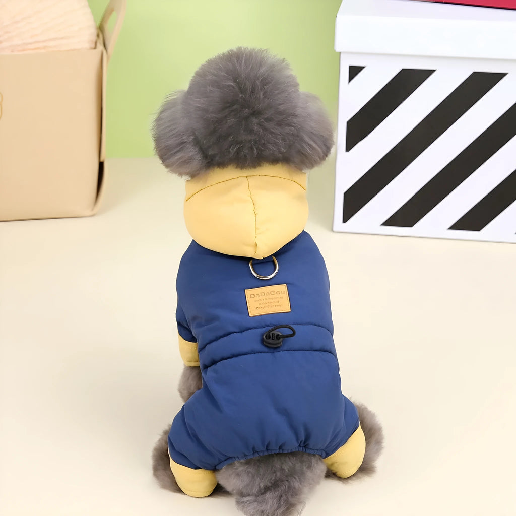 Dog wearing autumn winter four-leg cotton-padded coat in dark navy blue