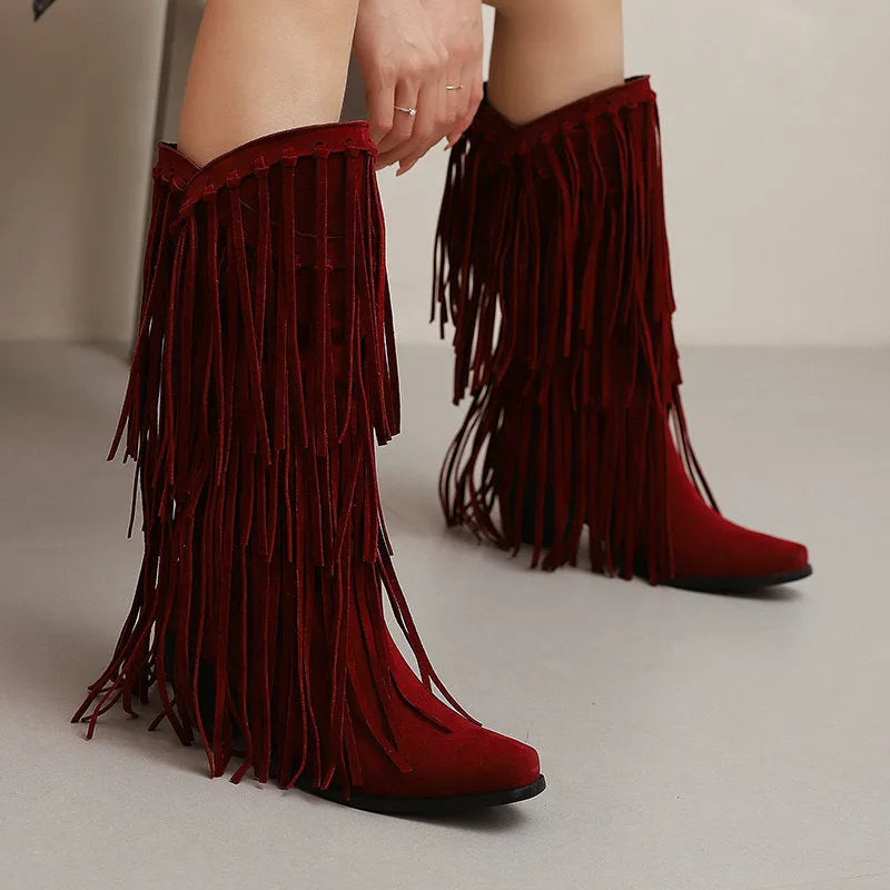 Women's suede high boots with a chunky heel and square toe in beige.