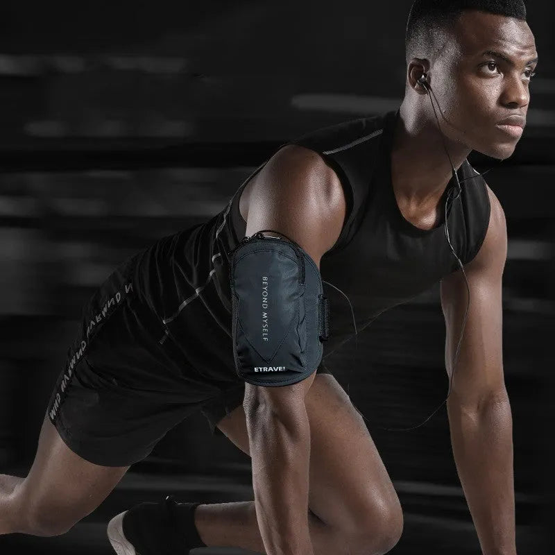 Reflective running arm bag in black colour with 7-inch capacity for outdoor sports