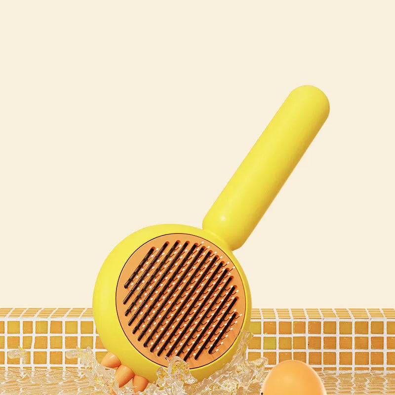 Purple white or yellow self-cleaning pet grooming brush with stainless steel bristles for cats and dogs