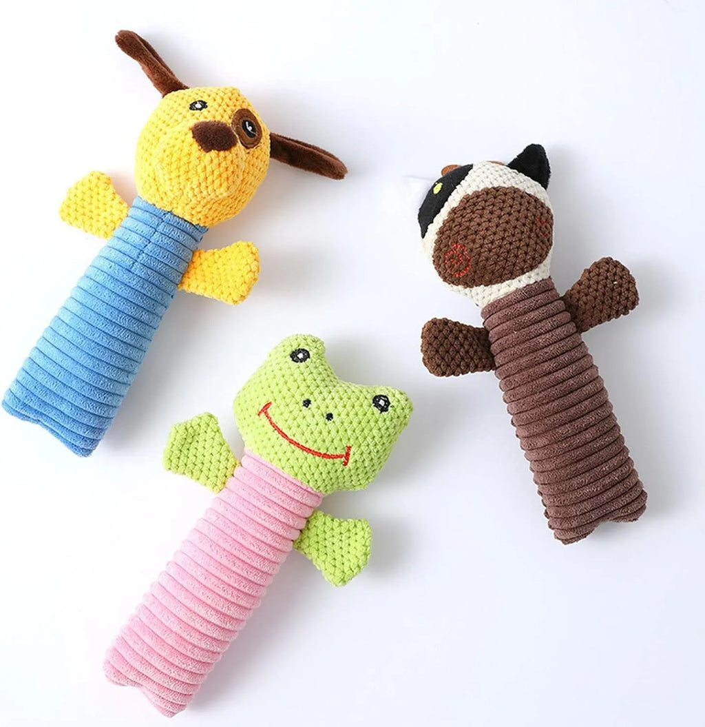 Squeaky stuffed animal dog chew toys in calf, frog and puppy designs measuring 19cm