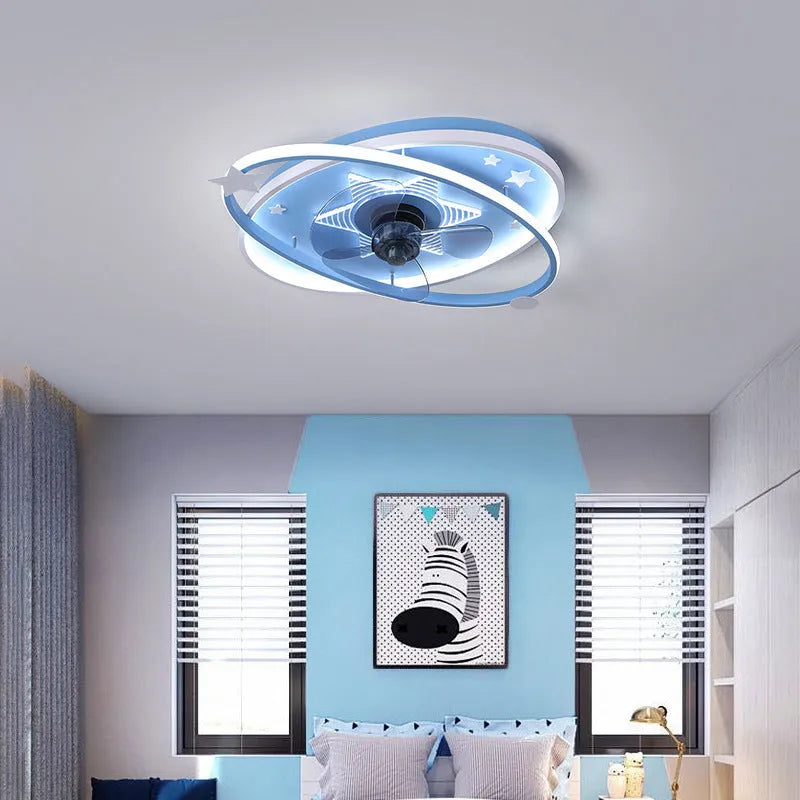 Modern blue iron chandelier with acrylic shade for a child's bedroom, showing remote control.