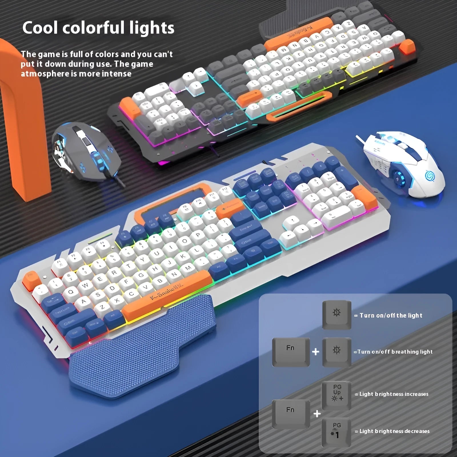 Blue wired gaming keyboard and mouse set with backlit keys and USB cable