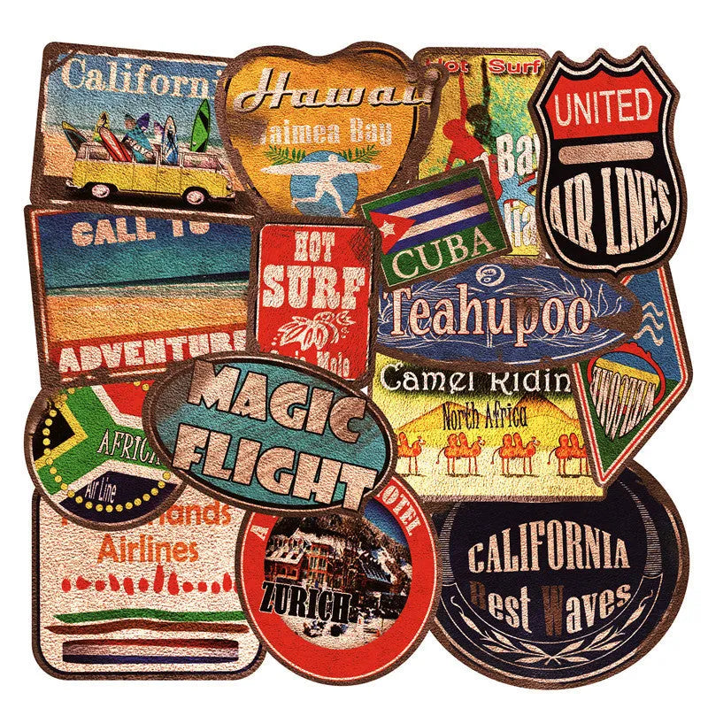 Collection of 36 retro beach and surfing themed PVC stickers with matte finish ranging 6-10cm