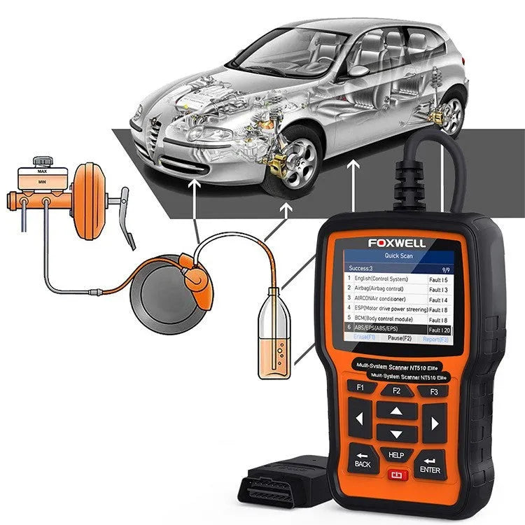 Foxwell NT510 orange and black automotive diagnostic scanner with OBD2 data cable.