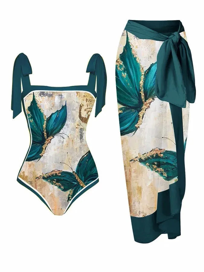 Women's printed floral two-piece swimsuit with chiffon hip skirt on hanger