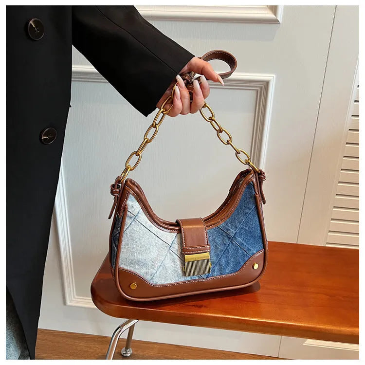 Brown denim women's shoulder bag with diamond mesh detail and chain straps