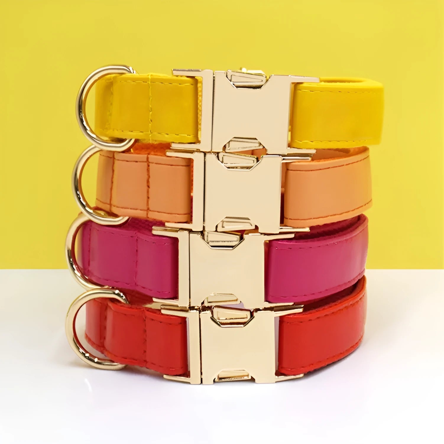 Simple colour block leather dog collar shown in caramel colour on a white background.