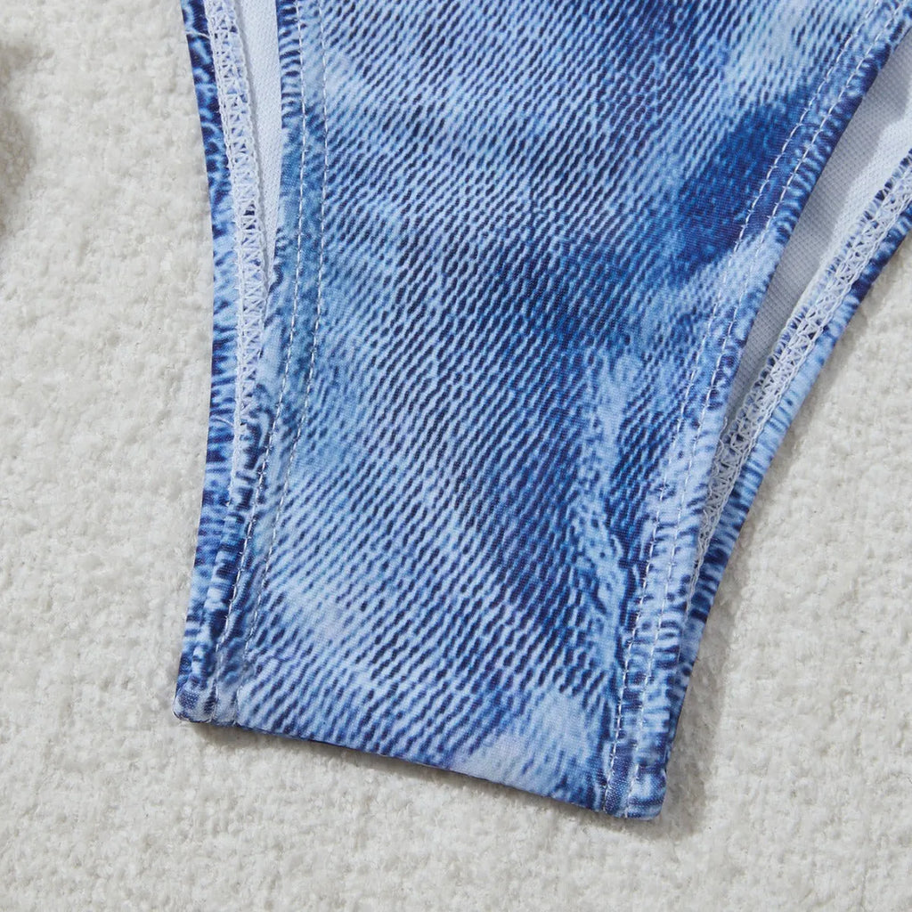 Women's denim blue printed strappy bikini set showing front view of two-piece swimwear