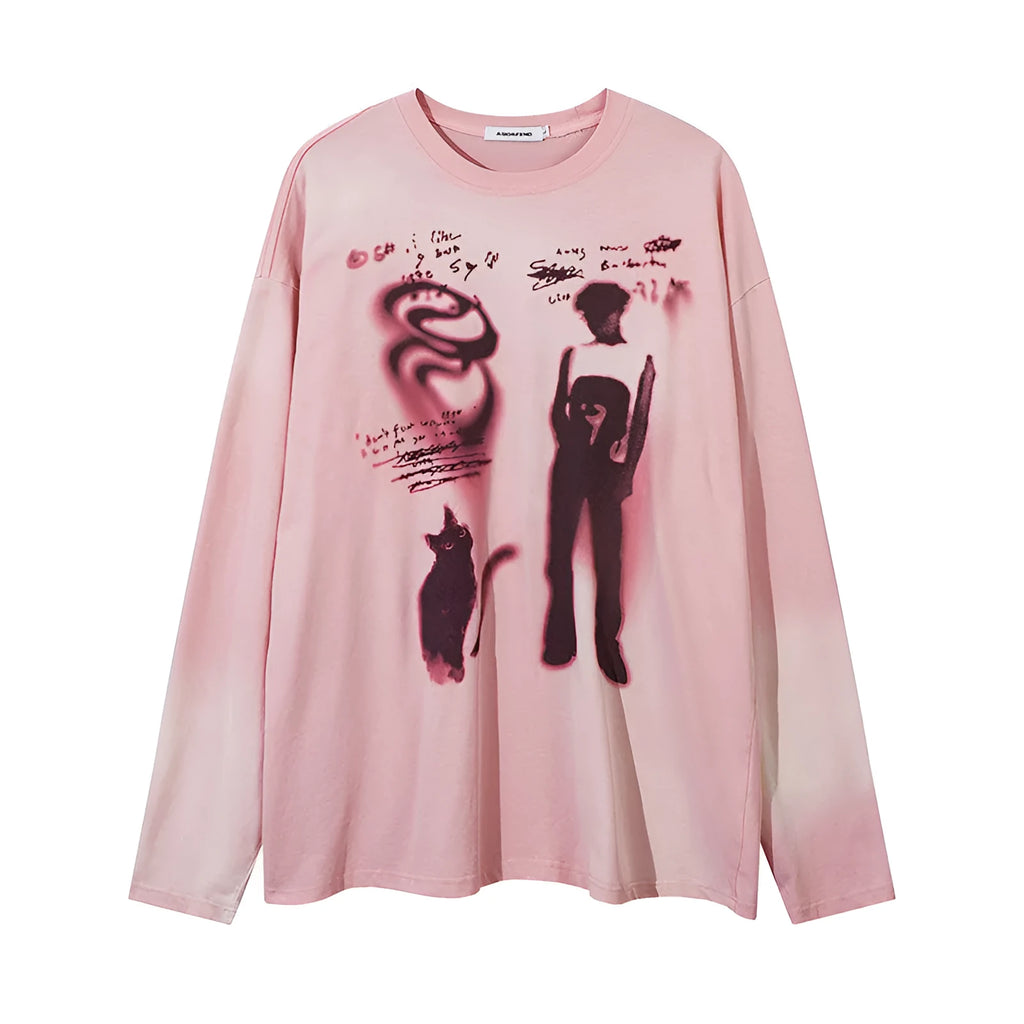 Women's loose fit cotton pullover top with drop-shoulder sleeves and letter pattern in dark grey