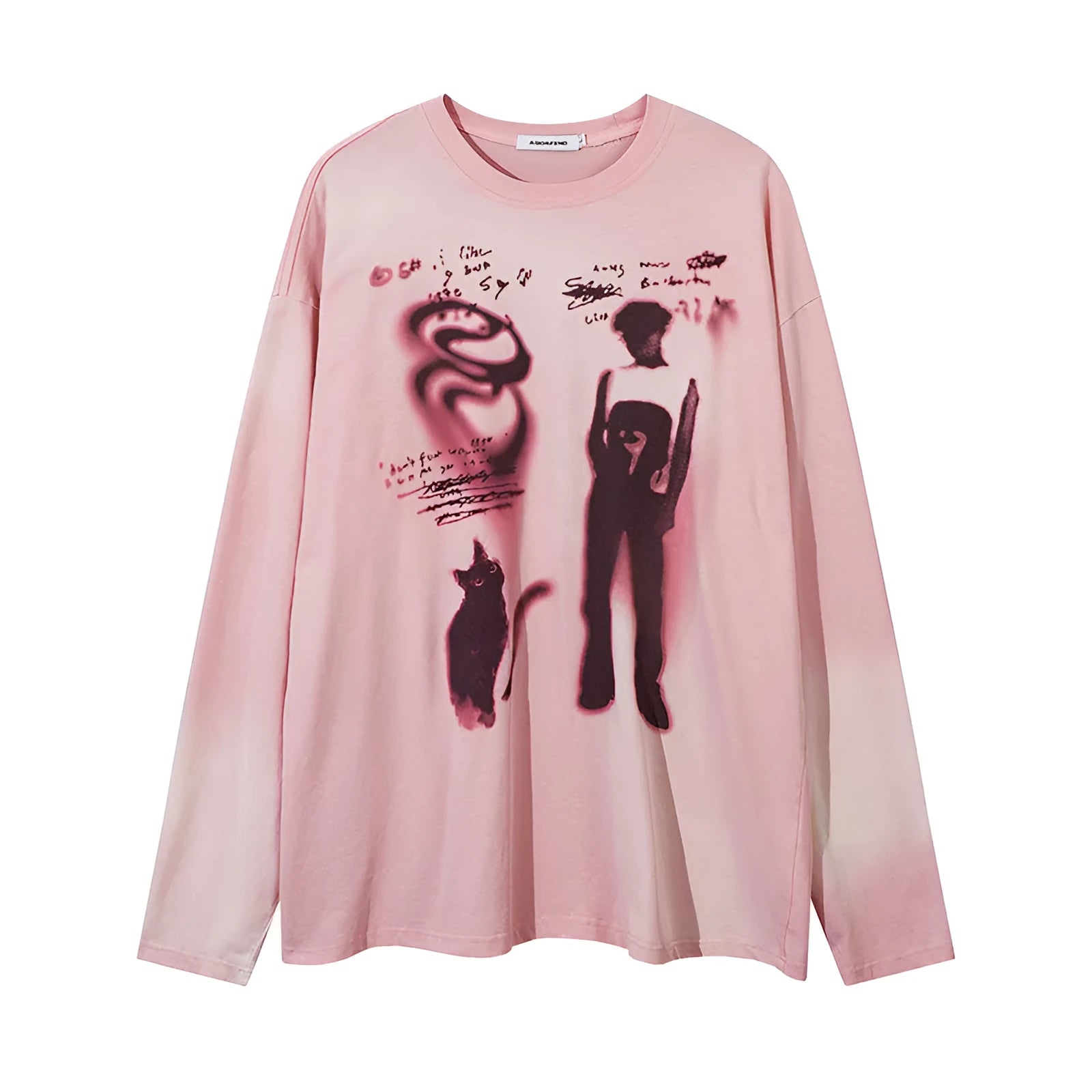 Women's loose fit cotton pullover top with drop-shoulder sleeves and letter pattern in dark grey