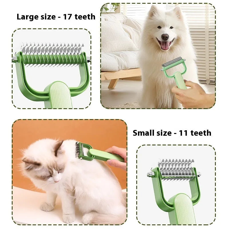 Green and grey dog detangling comb with stainless steel teeth on a PP plastic handle, shown in small and large sizes.