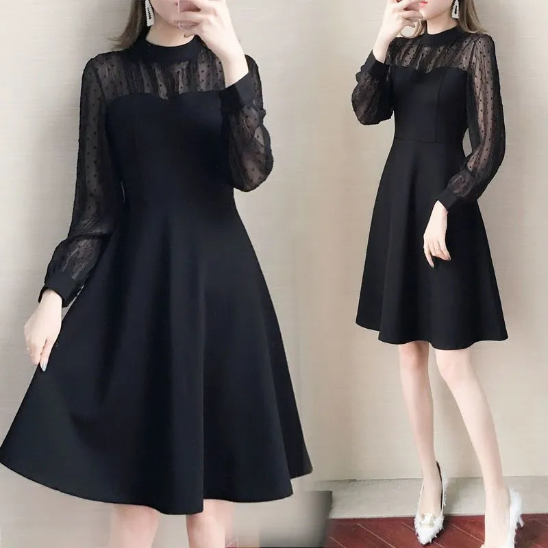Black polyester lace long sleeve underdress with regular sleeve type shown on white background
