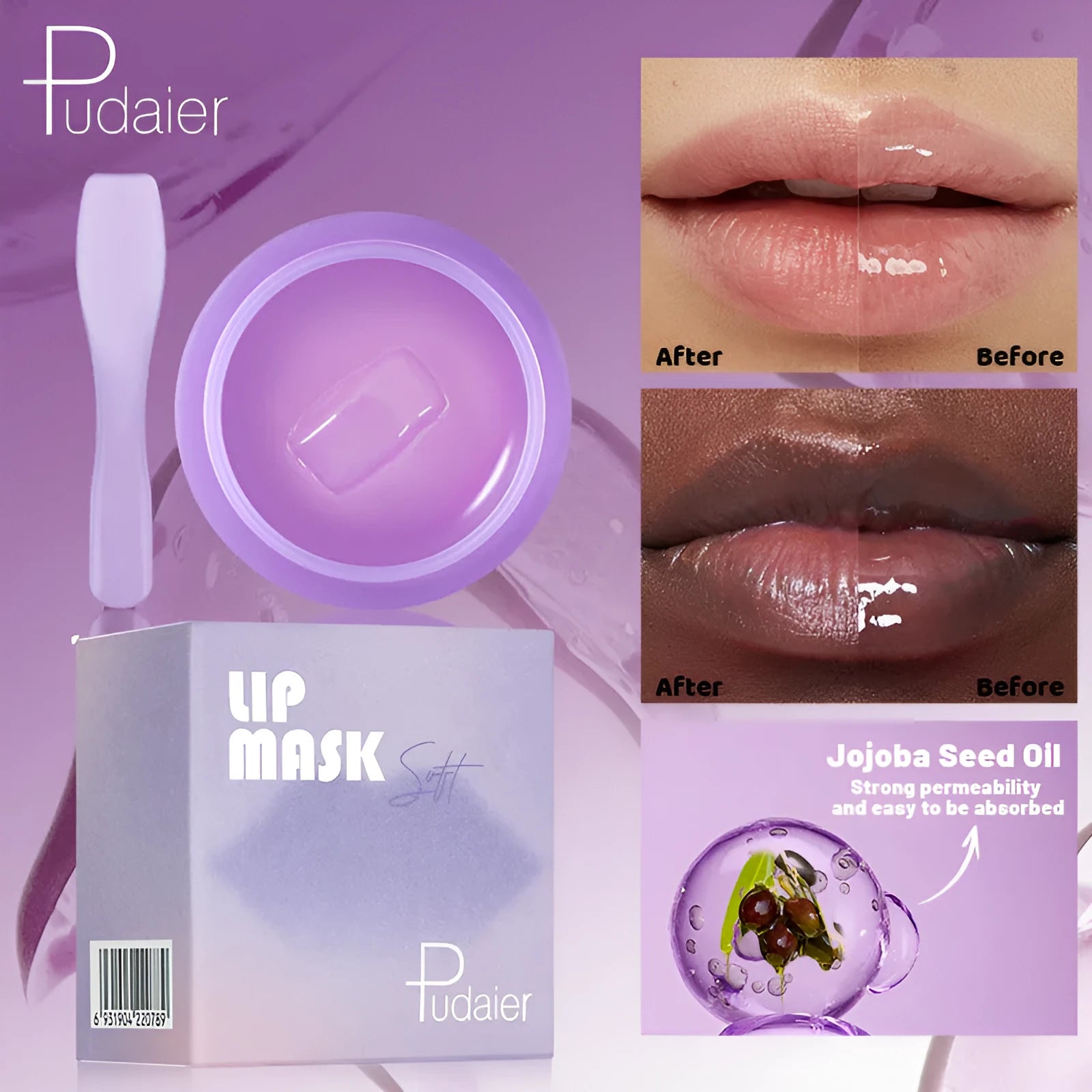 Lip exfoliating balm mask with 10ml tube and white silicone scraper tool on a pink background.