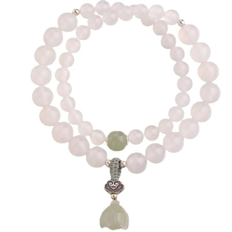 Women's S925 silver bracelet with white agate and Hetian jade stones in geometric lotus design