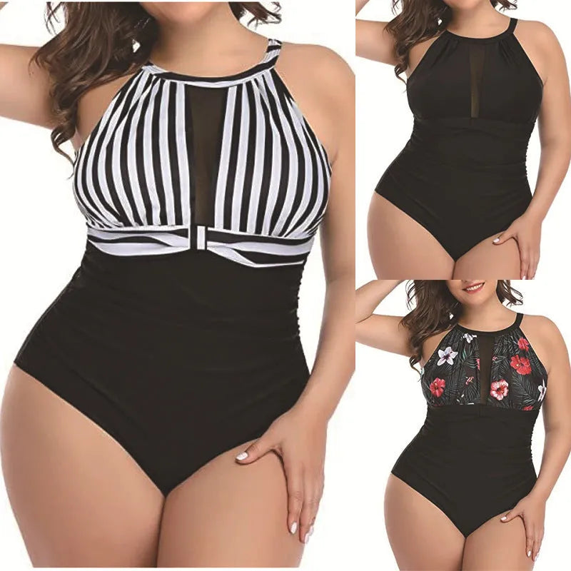 Women's black one-piece swimsuit with lace trim on a mannequin.