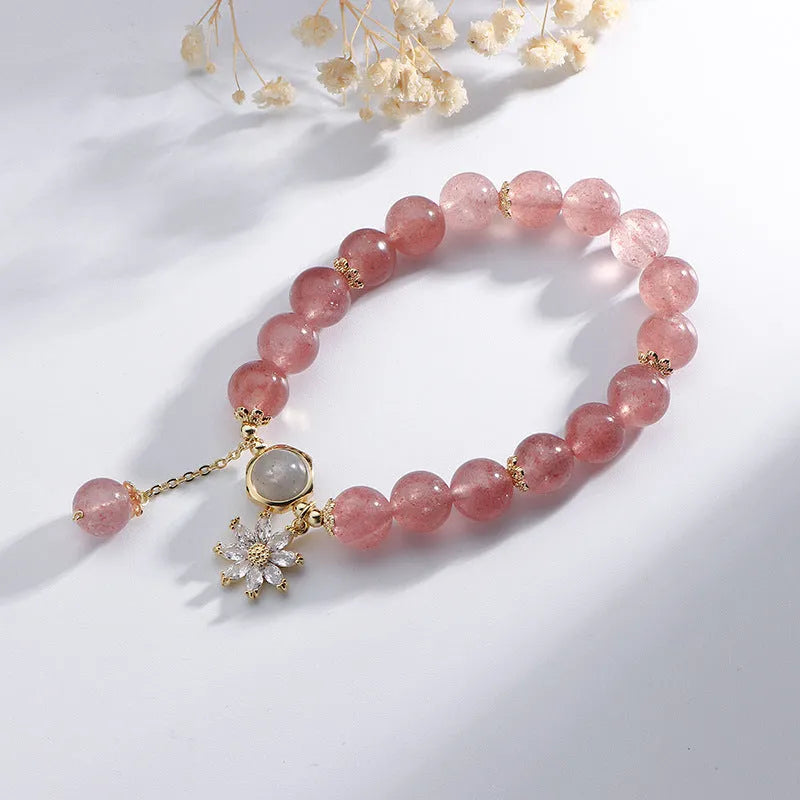 Natural strawberry quartz crystal bracelet with electroplated floral charm in Mori style