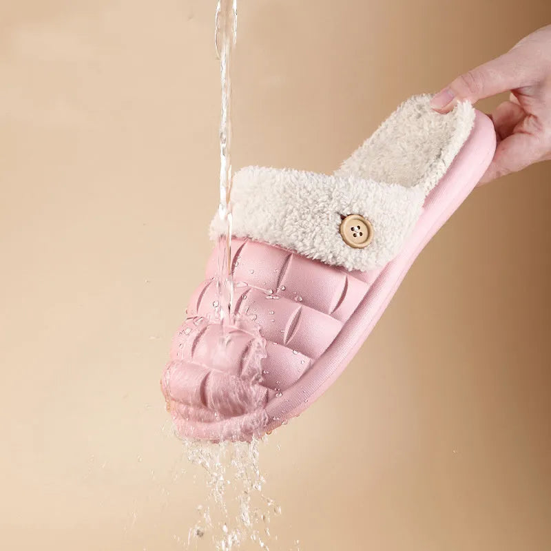 Women's detachable EVA slippers with plush lining in pink, green, yellow or white colours